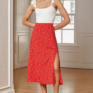 NWT Lulu's Bliss Me Red Floral Midi Skirt with Slit Sz Small